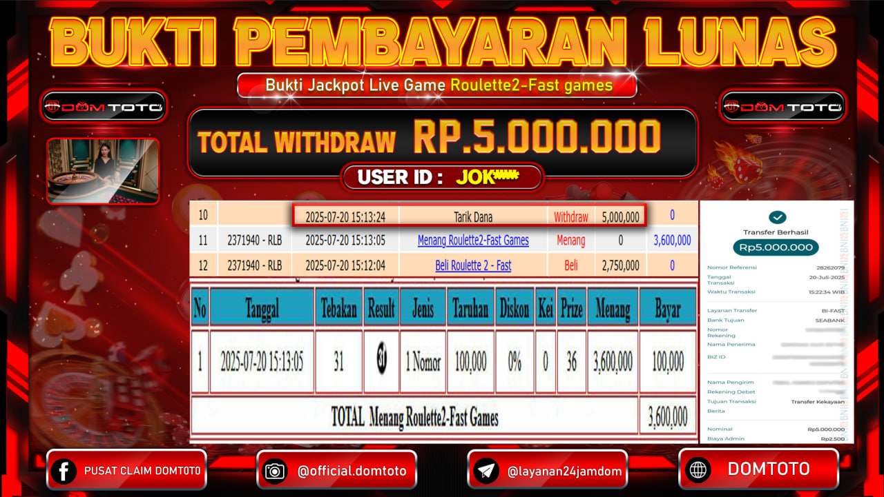 JACKPOT LIVE GAME ROULETTE2-FAST GAMES 20  JULI 2025